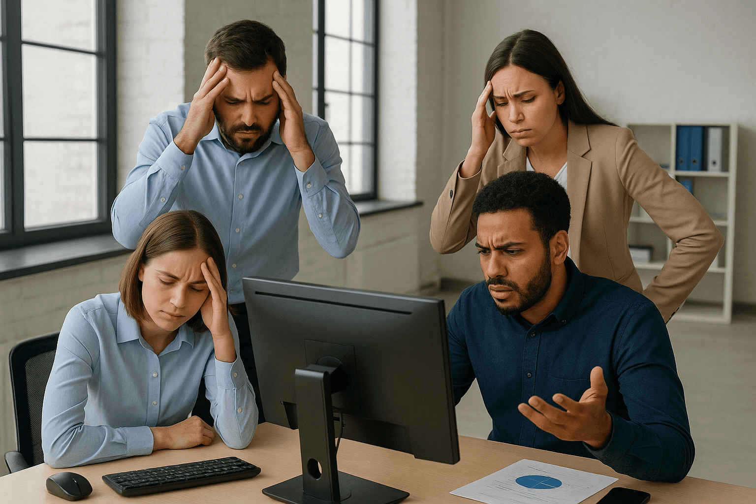 Equipe de PME frustrada com problemas de TI antes da Colobe IT Solution